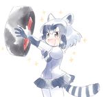  :d animal_ears arms_up black_gloves black_hair black_ribbon black_skirt blue_shirt blush brown_eyes common_raccoon_(kemono_friends) cowboy_shot eyebrows_visible_through_hair fur_collar gloves grey_gloves grey_hair hair_between_eyes holding jitome kemono_friends looking_away looking_up multicolored_hair neck_ribbon no_nose open_mouth pleated_skirt puffy_short_sleeves puffy_sleeves raccoon_ears raccoon_tail ribbon shirt short_hair short_sleeves simple_background sketch skirt smile solo sparkle striped_tail tail tire white_background white_hair yukimi_park 