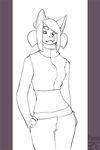  animated anthro canine clothed clothing female greyscale grungecandy horn hybrid laugh looking_at_viewer mammal monochrome smile solo standing 