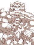  41raco anthro armor big_penis cape chernobog clothing facial_hair horn male muscular muscular_male penis precum simple_background tokyo_afterschool_summoners unconvincing_armor white_background 