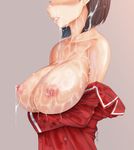  black_hair blush breast_hold breasts bukkake collarbone commentary_request cum cum_on_body cum_on_breasts cum_on_hair cum_on_upper_body facial head_out_of_frame huge_breasts kirigaya_suguha long_sleeves nipples off_shoulder parted_lips red_shirt shirt short_hair solo sword_art_online upper_body yoshida_inuhito 