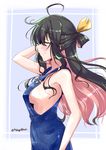  ahoge black_hair blue_background blush bow breasts closed_eyes hair_blowing hair_bow hand_in_hair hand_on_hip kantai_collection large_breasts long_hair looking_to_the_side mikage_takashi multicolored_hair naganami_(kantai_collection) naked_overalls overalls pink_hair sideboob simple_background smile solo twitter_username white_background 