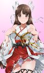  bare_shoulders blush breasts brown_eyes brown_hair closed_mouth cosplay detached_sleeves gradient gradient_background hair_ribbon hakama hands_on_own_chest haruna_(kantai_collection) haruna_(kantai_collection)_(cosplay) hiyou_(kantai_collection) japanese_clothes kantai_collection large_breasts long_hair looking_at_viewer makumaxu nontraditional_miko panties pantyshot red_hakama ribbon ribbon-trimmed_sleeves ribbon_trim thighhighs thighs underwear upper_body white_panties white_ribbon wide_sleeves 