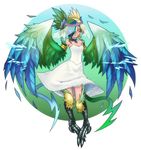  bare_shoulders blonde_hair blue_hair breasts choker dress electricity feathered_wings feathers green_hair hair_over_one_eye harpy head_wreath looking_at_viewer magnifire monster_girl monster_girl_encyclopedia multicolored multicolored_hair multicolored_wings pointy_ears small_breasts smile solo strapless strapless_dress talons thunderbird_(monster_girl_encyclopedia) veil white_dress winged_arms wings 