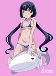  1girl angry artist_name bandai bikini black_hair blush breasts cameltoe character_request chicago-x digimon digimon_story:_cyber_sleuth_hacker&#039;s_memory erect_nipples female long_hair long_twintails looking_at_viewer medium_breasts micro_bikini shiny_skin solo swimsuit twintails yellow_eyes 