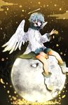  angel bad_id bad_pixiv_id baggy_clothes blue_eyes blue_hair cloud dolphin feathered_wings fish full_body glowing halo highres long_sleeves looking_at_viewer moon original pale_skin poncho shoes short_hair shorts signature sitting smile solo sparkle whale wings yuuo0 