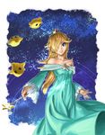  athenawyrm bare_shoulders blonde_hair blue_eyes blush breasts chiko_(mario) crown dress earrings hair_over_one_eye highres jewelry long_hair looking_at_viewer mario_(series) medium_breasts open_mouth rosetta_(mario) smile star super_mario_bros. super_mario_galaxy 