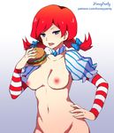  1girl areolae artist_name blue_background blue_eyes breasts collar food freckles hand_on_hip looking_at_viewer navel nipples open_mouth red_hair solo tongue twintails web_address wendy&#039;s wendy_(wendy&#039;s) 