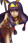  animal_ears breasts dark_skin earrings egyptian_clothes facial_mark fate/grand_order fate_(series) hair_tubes hairband highres hoop_earrings jackal_ears jewelry long_hair looking_at_viewer medium_breasts nitocris_(fate/grand_order) purple_eyes purple_hair shimomoto sidelocks solo very_long_hair white_background 