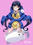  1girl angry artist_name bandai black_hair blush breasts character_request chicago-x digimon digimon_story:_cyber_sleuth_hacker&#039;s_memory female long_hair long_twintails looking_at_viewer medium_breasts shiny_skin solo twintails yellow_eyes 