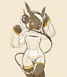  2015 amber_eyes anthro black_fur breasts clothed clothing cute female fully_clothed fur hair headphones hi_res kemono keyhole_turtleneck looking_at_viewer mammal markings open_mouth orange_markings simple_background sketch smile solo solo_focus standing sweater tysontan white_hair 