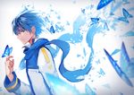  bangs blue blue_eyes blue_hair blue_scarf butterfly_on_hand dissolving feng_you highres kaito long_sleeves male_focus scarf smile vocaloid 