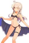  ahoge ass_visible_through_thighs bikini black_bikini flat_chest highres long_hair looking_at_viewer one_eye_closed purple_eyes sarong solo sonzai_soumei swimsuit thigh_strap white_hair zero_(zero_kara_hajimeru_mahou_no_sho) zero_kara_hajimeru_mahou_no_sho 