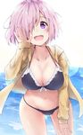  :d ass_visible_through_thighs bikini black_bikini blush breasts cleavage commentary_request fate/grand_order fate_(series) hair_over_one_eye highres hood hooded_jacket hoodie jacket large_breasts leaning_forward looking_at_viewer mash_kyrielight minikon navel open_clothes open_hoodie open_jacket open_mouth outdoors outstretched_hand pink_hair purple_eyes sleeves_past_wrists smile solo stomach swimsuit 