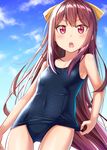 adjusting_clothes adjusting_swimsuit ass_visible_through_thighs blue_swimsuit bow brown_hair chestnut_mouth cloud covered_navel cowboy_shot d: day flat_chest gurande_(g-size) hair_bow half_updo highres kamikaze_(kantai_collection) kantai_collection long_hair old_school_swimsuit one-piece_swimsuit open_mouth outdoors red_eyes school_swimsuit shiny shiny_clothes sky solo swimsuit yellow_bow 