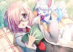  blush book eyebrows_visible_through_hair fate/grand_order fate_(series) fou_(fate/grand_order) glasses hair_over_one_eye holding holding_book looking_at_viewer mash_kyrielight necktie open_mouth purple_eyes purple_hair red_neckwear red_ribbon ribbon shimesaba_kohada short_hair 