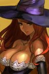  bare_shoulders breasts brown_eyes cleavage collarbone dragon's_crown elbow_gloves gloves hankuri hat large_breasts long_hair orange_hair solo sorceress_(dragon's_crown) witch_hat 