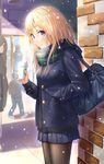  bag black_legwear blonde_hair blue_eyes blue_skirt blush coffee_cup cup disposable_cup eyebrows_visible_through_hair hand_in_pocket highres holding holding_cup looking_at_viewer medium_hair mintol_(qool+) open_mouth original pantyhose school_bag skirt solo teeth 