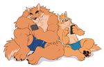  2017 anthro back_to_back biceps big_bulge big_muscles black_nose blue_eyes boxer_briefs brown_fur bulge canine cellphone chest_tuft claws clothed clothing dog duo fur inner_ear_fluff male mammal muscular muscular_male otake pawpads pecs phone simple_background sitting size_difference takemoto takemoto_arashi tan_fur toe_claws topless tuft underwear white_background 