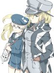  anchor bismarck_(kantai_collection) blonde_hair blue_eyes brown_gloves cannon cigarette clothes_writing coat dress gloves hat kantai_collection long_hair military military_hat military_uniform multiple_girls ninimo_nimo peaked_cap sailor_collar sailor_dress sailor_hat short_hair silver_hair smoking uniform z1_leberecht_maass_(kantai_collection) 