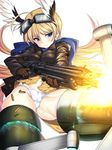  a9b_(louis814) absurdres ahoge blue_eyes firing gloves goggles goggles_on_head groin gun hanna-justina_marseille head_wings highres jacket long_hair machine_gun mg42 military military_uniform motion_blur muzzle_flash navel no_pants panties scarf shell_casing solo strike_witches striker_unit underwear uniform weapon white_panties world_witches_series 