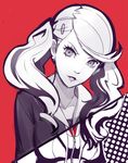  greyscale jacket long_hair looking_at_viewer monochrome persona persona_5 sho-n-d smile solo takamaki_anne twintails 
