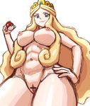  1girl abs bar_censor blonde_hair breasts censored crown eileen_(pokemon) green_eyes hand_on_hip large_breasts long_hair looking_at_viewer looking_down nude poke_ball pokemon smile solo white_background 