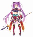  armor breasts covered_nipples full_body hair_ribbon hand_on_hip highres holding holding_weapon ichi_makoto japanese_armor large_breasts long_hair looking_at_viewer obi official_art polearm purple_hair ribbon sash sengoku_hime_5 simple_background smile solo twintails weapon white_background yellow_eyes yukimura_sanada 