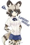  3: absurdres african_wild_dog_(kemono_friends) african_wild_dog_print animal_ears animal_print annoyed artist_name blonde_hair blue_ribbon breast_pocket brown_hair character_name closed_mouth collared_shirt commentary cowboy_shot denim denim_shorts dog_ears dog_tail eyebrows eyebrows_visible_through_hair fingernails grey_eyes hair_between_eyes hands_on_hips highres jpeg_artifacts kamaboko_red kemono_friends long_sleeves looking_at_viewer multicolored multicolored_clothes multicolored_hair multicolored_legwear neck_ribbon pocket print_legwear print_shirt ribbon scientific_name shirt short_hair short_over_long_sleeves short_shorts short_sleeves shorts signature simple_background solo squiggle sweat tail two-tone_hair wavy_mouth white_background white_shirt wing_collar 