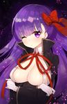  ;o ayamy bangs bb_(fate)_(all) bb_(fate/extra_ccc) blush breasts cleavage commentary_request crossed_arms eyebrows_visible_through_hair fate/extra fate/extra_ccc fate_(series) gloves hair_ribbon highres large_breasts long_hair looking_at_viewer one_eye_closed open_clothes open_shirt parted_lips purple_eyes purple_hair red_ribbon ribbon shirt solo sweatdrop upper_body white_gloves 