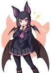  :d animal_ears arm_at_side ascot bangs bat_ears bat_wings black_hair black_legwear black_sailor_collar black_shirt black_skirt blunt_bangs boots brown_footwear character_name collarbone collared_shirt common_vampire_bat_(kemono_friends) contrapposto cross-laced_footwear extra_ears eyebrows_visible_through_hair fang feet_out_of_frame finger_to_mouth frilled_skirt frilled_sleeves frills gradient_hair hand_up highres index_finger_raised japari_symbol jpeg_artifacts kemono_friends lightning_bolt long_sleeves looking_at_viewer low_wings multicolored_hair multiple_wings open_mouth pantyhose pink_ribbon pleated_skirt purple_eyes purple_hair purple_neckwear ribbon sailor_collar school_uniform serafuku shirt shoe_ribbon shoelaces short_hair sketch skirt smile solo standing translated tsurime two-tone_hair ugume white_background wings 