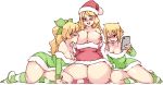  3girls bell blonde_hair blush bow breast_sucking breasts cellphone christmas collarbone dress eyes_closed fur_trim green_bow green_dress green_legwear hair_between_eyes hair_bow hat incest jingle_bell katawa_shoujo lactation large_breasts long_hair long_sleeves mother_and_daughter multiple_girls off_shoulder open_mouth phone ponytail red_dress red_eyes red_hat red_legwear rtil saliva saliva_trail santa_costume santa_hat satou_akira satou_karla satou_lilly self_shot short_hair siblings simple_background sisters sitting smartphone smile striped striped_legwear thick_thighs thighs white_background yuri 
