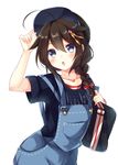  adjusting_clothes adjusting_hat ahoge alternate_costume apron bag baseball_cap black_hair blue_apron blue_eyes blue_shirt blush collarbone gomano_rio hair_ornament hat holding holding_bag jewelry kantai_collection long_hair looking_at_viewer necklace open_mouth red_shirt remodel_(kantai_collection) shigure_(kantai_collection) shirt simple_background solo striped striped_shirt white_background 
