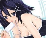  asagiri_asagi black_eyes black_hair black_shirt blush breasts cleavage disgaea food hair_ornament hairclip iwasi-r licking looking_at_viewer medium_breasts popsicle shiny shiny_skin shirt short_hair solo sweat tongue upper_body 