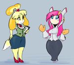  animal_crossing anthro black_eyes blonde_hair blue_eyes blush breasts canine closed_smile clothing dipstick_tail duo floating_hands fur green_pupils hair hoodie humanoid isabelle_(animal_crossing) kirby_(series) long_skirt machine mammal mouthless multicolored_tail nintendo oogzie pink_hair ponytail robot skirt stilettos susie_(kirby) vest video_games white_fur yellow_fur 
