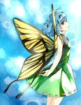  antennae bangs bare_arms blue_hair blue_sky breasts butterfly_wings cheunes day dress eternity_larva from_side green_dress hair_ornament highres leaf leaf_hair_ornament profile red_eyes short_hair sky sleeveless sleeveless_dress small_breasts smile solo sparkle touhou wings yellow_wings 