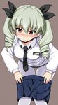  anchovy anzio_school_uniform bangs bent_over black_neckwear black_panties black_ribbon blue_skirt blush breasts brown_background closed_mouth collared_shirt commentary_request drill_hair embarrassed eyebrows_visible_through_hair foreshortening girls_und_panzer green_hair hair_between_eyes hair_ribbon head_tilt lockheart long_hair long_sleeves looking_at_viewer medium_breasts necktie nose_blush panties panties_under_pantyhose pantyhose pleated_skirt pulled_by_self red_eyes ribbon shirt simple_background skirt skirt_pull solo standing sweat thigh_gap tsurime twin_drills underwear undressing white_legwear white_shirt wing_collar 