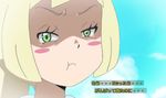  1girl blonde_hair blush edit green_eyes japanese_text lillie_(pokemon) pokemon pokemon_sm pokemon_sm_(anime) translation_request 