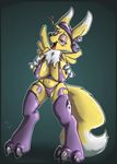  2014 anthro big_breasts bikini bra breasts canine clothing digimon female fox fuf fur glowes mammal nipples open_mouth panties purple_eyes renamon seductive simple_background solo swimsuit teeth tongue underwear yellow_fur 