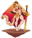  2017 amber_eyes anthro bikini castbound clothing feline female hand_on_waist long_tail looking_at_viewer mammal melee_weapon scabbard smile solo standing swimsuit sword teeth tiger weapon 