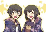  1girl black_hair book cloak closed_eyes dual_persona fire_emblem fire_emblem:_kakusei holding holding_book looking_at_viewer mark_(female)_(fire_emblem) mark_(fire_emblem) mark_(male)_(fire_emblem) open_mouth smile 