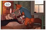  2017 anthro balls bedding blanket canine clock clothing cum cum_in_pussy cum_inside disney doll duo english_text female fox hi_res judy_hopps lagomorph licking licking_lips male male/female mammal meesh nick_wilde penetration penis pillow rabbit sex shirt text tongue tongue_out vaginal vaginal_penetration window zootopia 