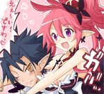  1girl :d black_hair breasts cleavage closed_mouth disgaea earrings iwasi-r jewelry killia_(disgaea) makai_senki_disgaea_5 medium_breasts messy_hair necktie one_eye_closed open_mouth pink_background pink_hair pointy_ears purple_eyes red_neckwear seraphina_(disgaea) short_hair smile upper_body yellow_eyes 