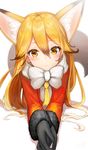  all_fours animal_ears bad_id bad_pixiv_id bangs black_gloves blush bow bowtie closed_mouth commentary eyebrows_visible_through_hair ezo_red_fox_(kemono_friends) fox_ears fox_girl fox_tail fur_trim gloves hair_between_eyes highres jacket kemono_friends large_bow long_hair long_sleeves looking_at_viewer lying mia_(miaflocon) necktie on_stomach shadow solo tail white_background white_bow white_neckwear yellow_neckwear 