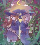  bottle brown_hair cloud crescent_moon gingya hair_over_one_eye hat holding holding_bottle holding_wand kagari_atsuko light_brown_hair little_witch_academia long_hair looking_at_viewer moon multiple_girls night night_sky outdoors plant potion red_eyes school_uniform shiny_rod sky smile standing sucy_manbavaran wand witch_hat 
