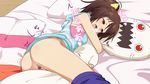  1girl ass bed blush bottomless brown_hair frame_arms_girl gennai_ao hou_(hachiyou) no_panties open_mouth pussy red_eyes solo tongue 