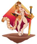  2017 amber_eyes anthro castbound feline female hand_on_waist long_tail looking_at_viewer mammal melee_weapon nude scabbard smile solo standing sword teeth tiger weapon 