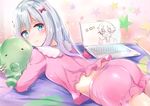  ass bad_feet bad_id bad_pixiv_id blue_eyes blush bow eromanga_sensei hair_bow izumi_masamune izumi_sagiri konka long_hair looking_at_viewer pajamas pink_bow silver_hair thumbs_up 