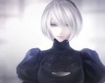  arms_at_sides bangs black_dress black_hairband blue_eyes bob_cut breasts cleavage_cutout closed_mouth dress erise eyelashes hair_over_one_eye hairband juliet_sleeves lips long_sleeves looking_at_viewer medium_breasts mole mole_under_mouth nier_(series) nier_automata no_blindfold nose pink_lips puffy_sleeves short_hair silver_hair solo turtleneck upper_body yorha_no._2_type_b 