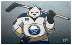  2017 5_fingers anthro bear black_fur blue_eyes buffalo_sabres claws clothed clothing fully_clothed fur hockey_stick jersey logo looking_at_viewer male mammal multicolored_fur musclegut nhl overweight panda shadowninja976 simple_background slightly_chubby solo white_fur zenzian 