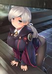  aaru_(tenrake_chaya) black_footwear black_jacket black_legwear breasts chitose_(kantai_collection) hair_ribbon headband highres jacket kantai_collection large_breasts long_hair long_sleeves pantyhose ponytail ribbon shoes silver_eyes silver_hair smile solo white_ribbon 